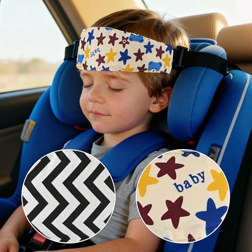 Image of Luckyiren 2-Pack Baby Car Seat Head Support Strap Set, Minimalist Beige Stars and Stripes Pattern, Cotton, Machine Washable, 8.4x4x1.1 Inches