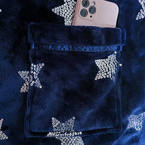 Rongtai Fleece Robes For Women Plush Soft Warm Long Bathrobe With Pockets（Xx-Large,Navy Blue-Star） #TOP3