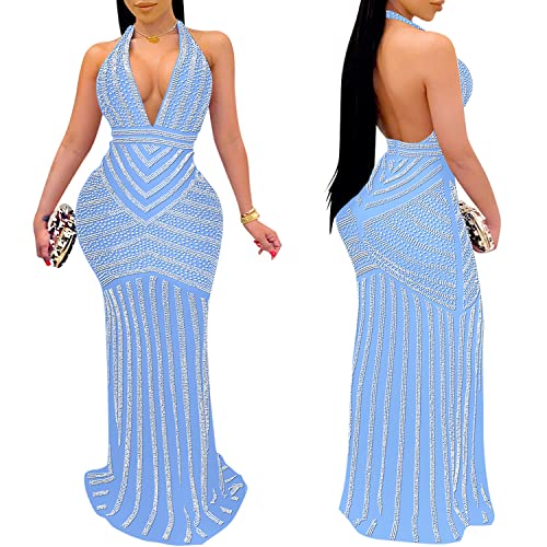 Image of PORRCEY Women's Sexy Rhinestone Mesh See Through Party Night Prom Dress
