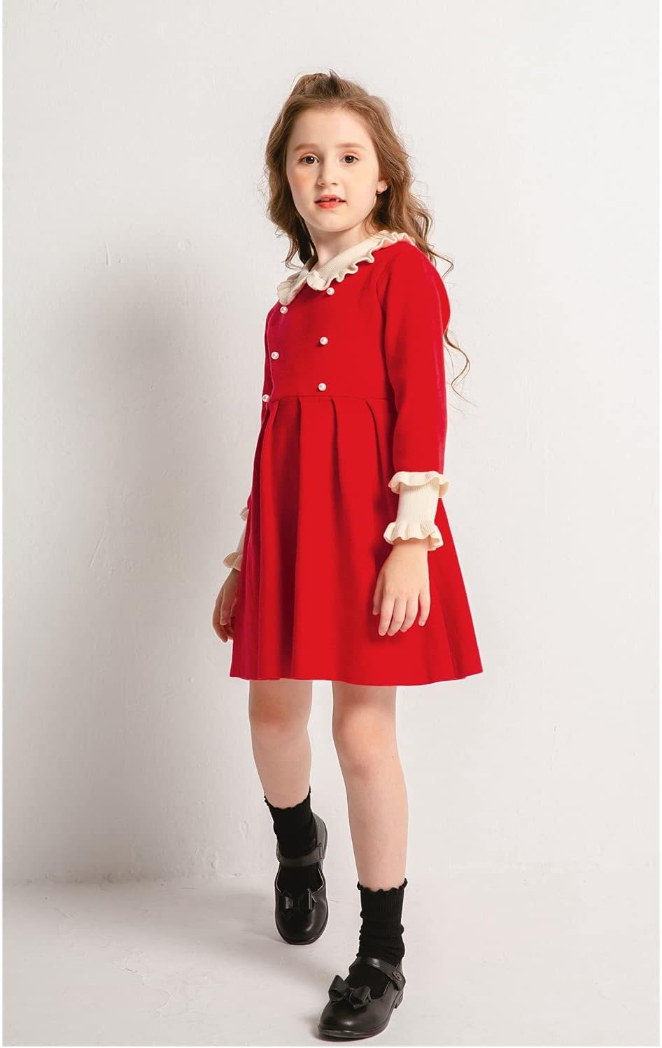 SMILING PINKER Girls Dresses Ruffle Peter Pan Collar Sweater Long Sleeve Knit Pleated Dress - Image 4