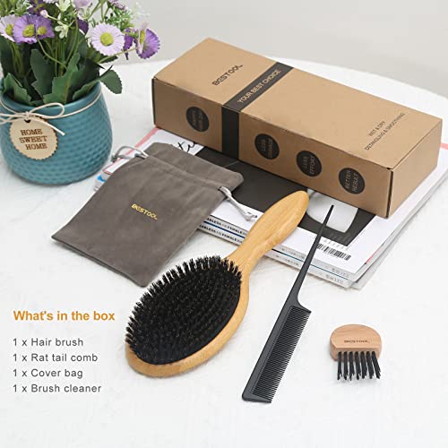 Foto von BESTOOL Haarbürste, Wildschweinborsten Bürste für Damen Herren Kinder, Bambus Paddel Naturborsten für dünnes, feines Haare, Verbesserung der Haartextur (Bambus)
