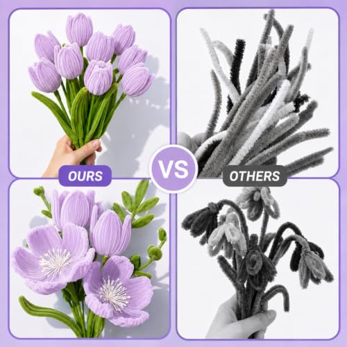 Image of YUNAMI Chenille Stems for DIY Flower Making - 200 Pcs Pipe Cleaners with Floral Wire, Tape, Stamen & Pearls - Premium Bouquet Supplies for Home Decor & Gifting (200, Purple)