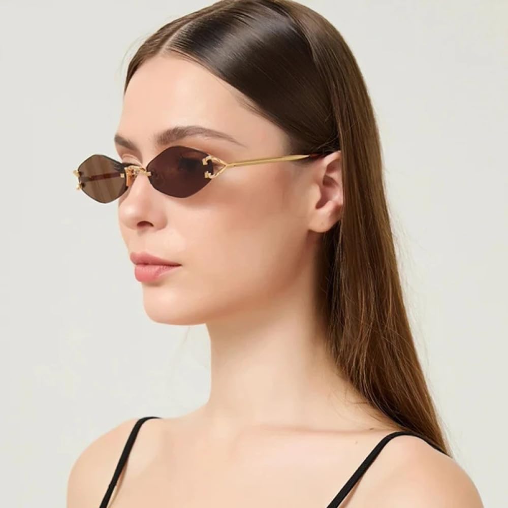 Gafas de Sol pequeñas sin Montura para Mujer, Gafas de Sol con Montura metálica de diseño Punk clásico de Lujo para Mujer y Hombre, Gafas UV400