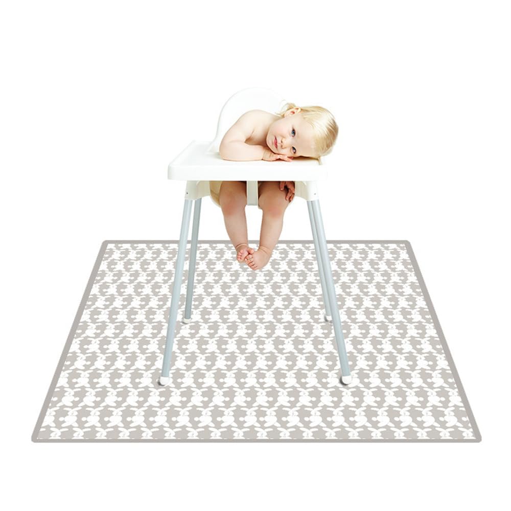 Treer Baby Splat Mat for Under High Chair, 51" Highchair Splash Floor Mat Waterproof Anti Slip Washable Cute Print Spill Mat/Weaning Mat/Messy Mat/Play Mat/Tablecloth/Picnic Mat (Gray Bunny)