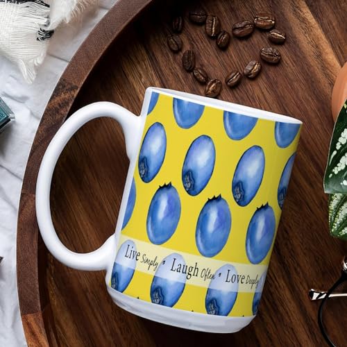 Tasse en céramique blanche et bleue avec inscription « Live Simply Laugh Often Love Deeply' Blueberry » - 445 ml – vue 6
