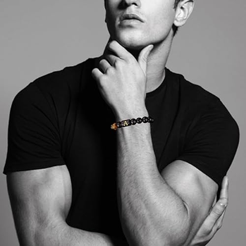 Miniatura 3 de 10MM Black Onyx Stone Initial Bracelet for Men Letter Link Handmade Tiger Eye Bead Braided Rope Bracelet Gifts Mens Bracelet (A)