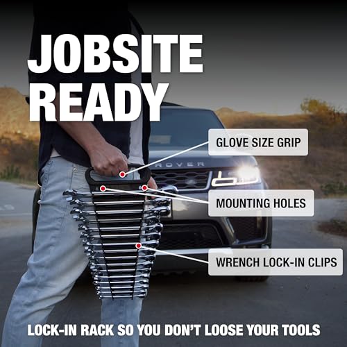 Image of Jaeger 16pc MM /Metric TIGHTSPOT 90-Tooth Ratcheting Combination Wrench Set With Lock-In Rack - Metric SET With Ratchet Speed Wrenches And A Lock-In Rack Case
