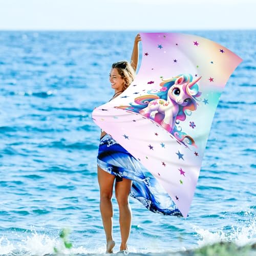 TZQFROCE Einhorn Kinder Strandhandtuch 75 x 150 cm Mikrofaser Badetuch für Strand, Pool, Sport und Picknick