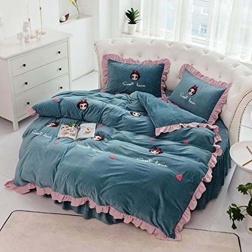 冬の厚いベビーベルベットラウンドベッド4ピースベッドスカートベッドシート漫画ラウンドベッドカバー暖かいクリスタルベルベットコーラルベルベット ガール ハートヘイズブルー アウトレットセール 特集 ベッドシーツ