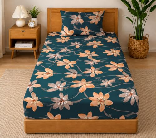 Image of la' amour 180tc Microfiber Fitted Single Bedsheet with 1 Pillow Cover | Elastic Bed Sheet | Soft Breathable Skin-Friendly Fabric | All Season Comfort | 36 x 72 + 6 Inches Deep Teal Floral
