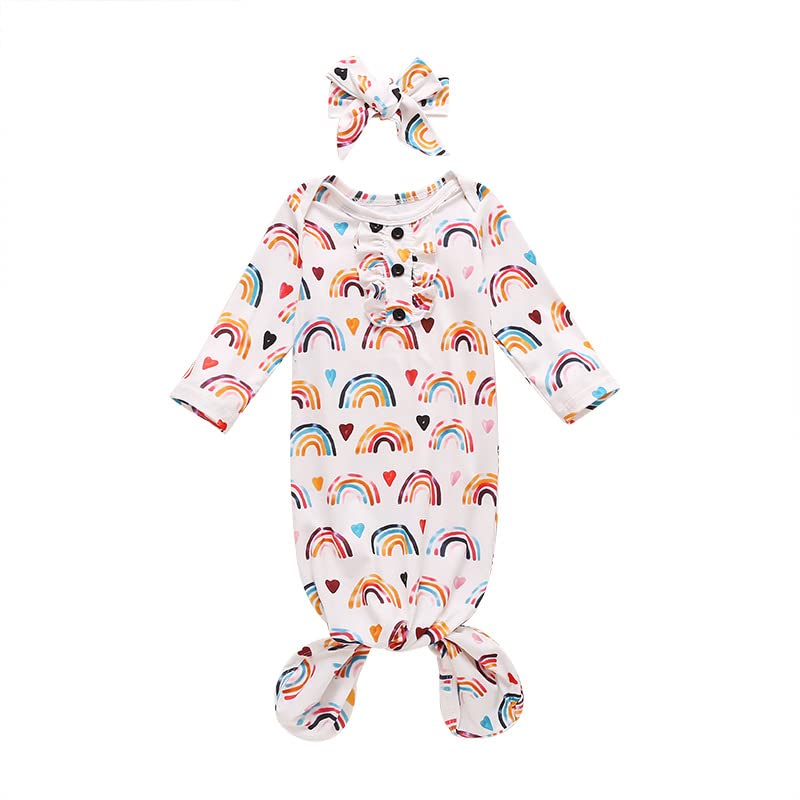 Image of BASKOPA Baby Knotted Sleeper Gown Unisex Boys Girls Sleepsuits with Mitten Cuffs and Matching Hat Baby Coming Home Outfit