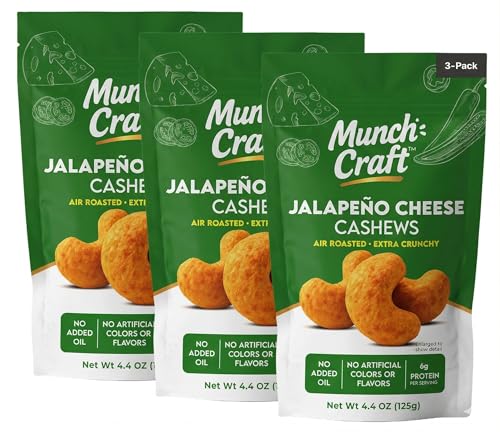 Image of Munch Craft Gourmet Jalapeno Cheese Cashews (3-Pack) - Perfectly Balanced Flavor (Savory Cheddar & Zesty Heat) - Extra Crunchy Air-Roasted Nuts, Oil-Free - No Artificial Colors or Flavors - Three 4.4 oz Bags (13.2 oz Total)