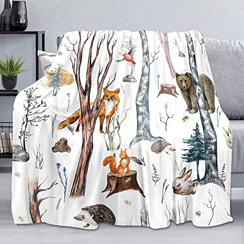 LUVIVIHOME Forest Woodland Animals Throw Blanket, Bear Deer Fox Rabbit Cabin Lodge Blanket for Kids, White Blanket, Twin Blanket, Cozy Soft Fuzzy Flannel Fleece Blanket for Bed, Couch, Sofa, 60
