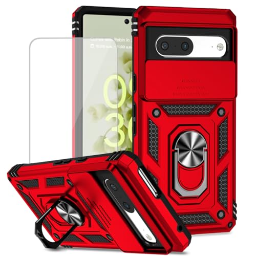 Bioyuangig Case for Pixel 7 Case/for Google7 GQML3 Cases with Tempered Glass Screen Protector & Slide Camera Cover, Magnetic Ring Car Mount Holder Shockproof Cover for Google Pixel 7 Red