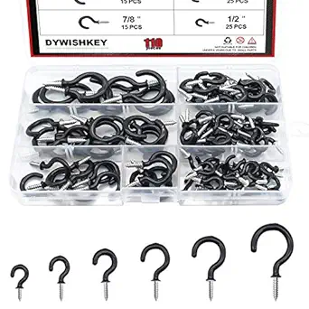 Cup Screw Hooks for Hanging, DYWISHKEY 110PCS 6 Sizes Cup Hooks Kit, Vinyl Coated Ceiling Cup Hooks Screw Hooks Holder for Home, Office and Workplace, Black (1/2