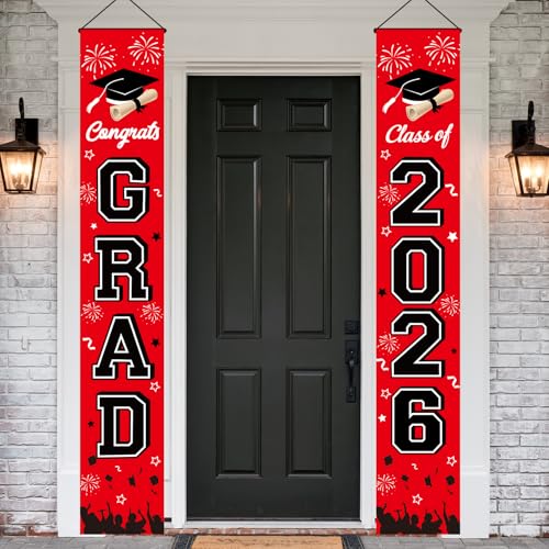 Graduation Decorations 2026 Porch Banner, Congrats Grad Class of 2026 Banner Red, 2026 Graduation Decorations for Door and Porch Class of 2026 Party Supplies