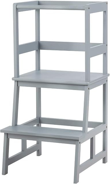 COSTWAY Nursery Step Stool, Bamboo Toddler Kitchen Helper Stand with 4-Side Safety Rail, Kids Standing Learning Tower for Kitchen Counter, Bathroom (Grey)
