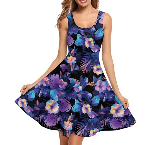 Image of TOADDITDO Women's Sleeveless O Neck Beach A-Line Party Coctail Tank Dresses Flared Sundress
