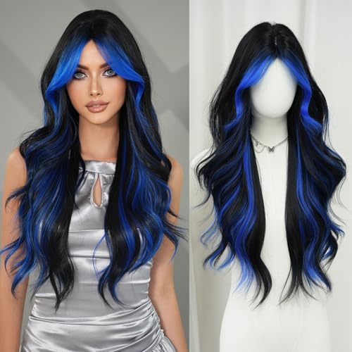 7JHH WIGS 31in Natural Black Blue Highlight Long Wavy...