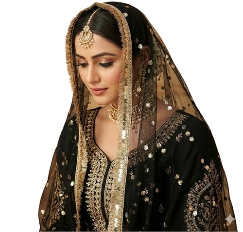 Image of Navti Creations Women's Lightweight Net Dupatta With Sequence Embroidery & Kiran Border (Length 2.25m)