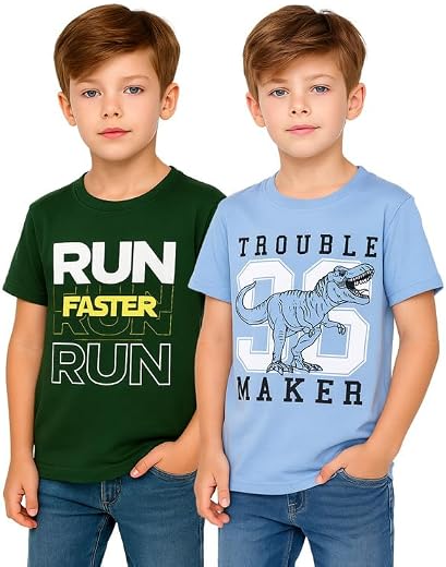 RASPY Boys Round Neck T-Shirt | Soft Cotton | Comfort Fit | Casual, Street &amp; Active Wear | Pack of 2 - Light Blue : Dark G...