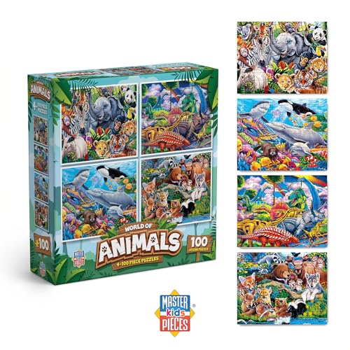 Image of MasterPieces Jigsaw Puzzle Set for Kids, 4-Pack of 100 Piece Puzzles, Educational Animal Theme, Fun Game, Gift Idea, 8 inch x 10 inch