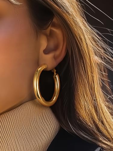 Image of Stainless Steel Chunky Hoop Earrings For Women, Minimalist and Chic, Black /Gold Plated, Round Hoops Earrings Hypoallergenic, Size: 30mm /40mm /60mm /80mm, Come with Box