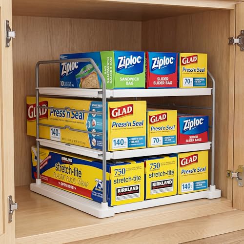 EVERIE Extendable 3-Tier Kitchen Cabinet & Pantry Organizer for Plastic Wrap, Foil & Storage Bags, Adjustable Heavy Duty Shelf Rack for Wrap Boxes, Jars & Snack Boxes (11–16.7 in Wide), Pack of 1 - Image 3