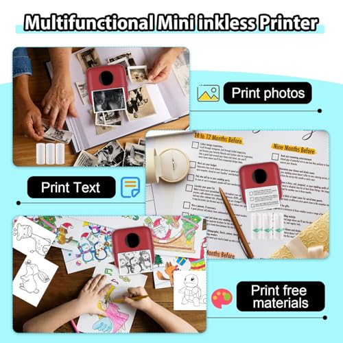 HuiJuKeJi Mini Printer, Portable Printer with Sticker and 10 Rolls of Thermal Paper and Self-Adhesive Thermal Paper Built-in 1200mAh Battery Inkless Photo Printer for Android IOS (Red) - Image 5