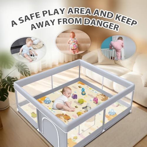 Image of XVISHX Baby Playpen with Mat, 50 x 50 Inch Play Pen Playards, Playpen for Babies and Toddlers, Baby Playard for Indoor & Outdoor Active Center Game Fence, Skin-Friendly Fabric and Soft Breathable Mesh