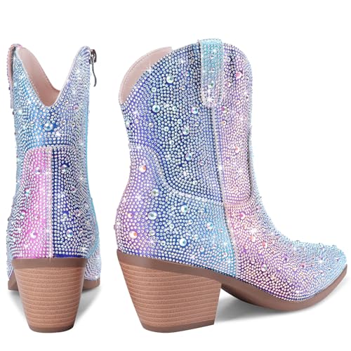 Image of Rhinestone Cowboy Boots for Women Sparkly Ankle Cowgirl Boots | Short Sparkly Boots, Glitter Booties for Women, Festival Country Concert Boots, Pointed Chunky Heel Boots with Zip Up