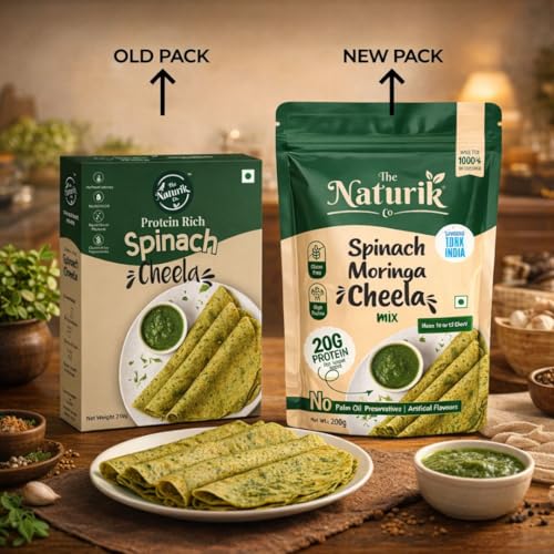 Image of The Naturik Co Chilla Mix | Spinach Moringa Cheela Mix | No Maida No Palm Oil High Protein Gluten Free & Fiber Rich Breakfast | 200g Ready to Cook Chila /Dosa Mix | Lentils & Millets Moong dal Chilla