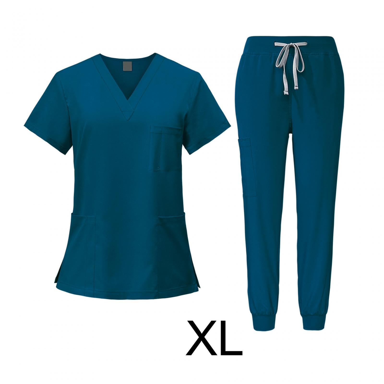 LOVIVER Female Scrub Set Nurse Workwear V Neckline Professional Machine Washable Top and Joggers Pant Work Clothing for Beauty Center, Blue, XL