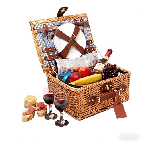 eGenuss Picknickkorb f&uuml;r 2 Personen &ndash; mit K&uuml;hlfach & Besteck &ndash; Weidengeflecht, Blau