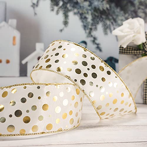 Ct Craft Llc Ivory Satin With Bronzing Dots Wired Ribbon-2.5" X 10 Yards -Ivory/Gold For Christmas Home Decor, Gift Wrapping, Bow Making, Wreath, Diy Crafts #TOP4