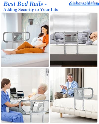 Siebenschläfer Bed Rails for Elderly Adults Safety, Extended Bed Assist Rail for Seniors - Adjustable Side Bed Guard Rails Handle Support Bar with Storage Bag, Fit King Queen Full Twin Beds