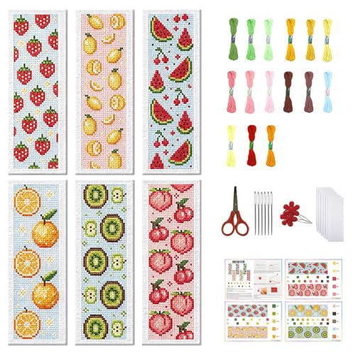 Image of FREEBLOSS 6 Set Cross Stitch Bookmark Kit Stamped Cross Stitch Kit | Refreshing Fruits Theme Embroidery Set with Instruction for Adults 8''*2.4''