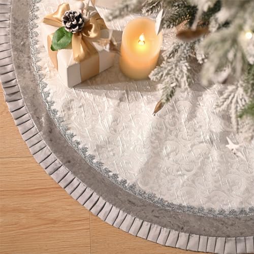Valery Madelyn Christmas Tree Skirt for Tree Decorations, 60 Inch Fabric Sliver Medium Xmas Velvet Tree Skirt with Embroidery Baroque Pattern & Pleated Border for Tree Merry Christmas Party Decor
