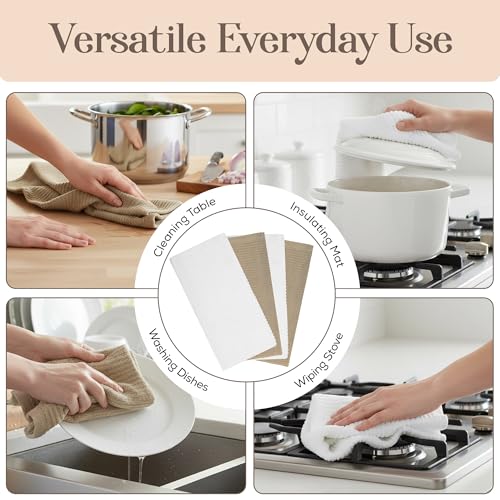 Image of Kitchen Hand Towels Set of 4 Cotton Ribbed Taupe and White Hand Towels, 18 x 28 Super Absorbent Drying Cloth Kitchen Linens