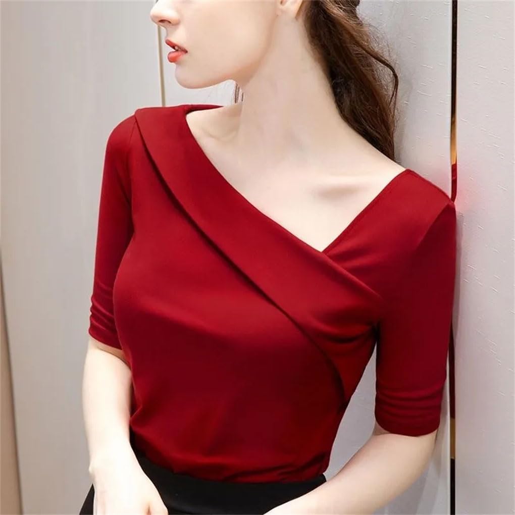 Women's Short-Sleeved Slim-Fitting Top with Slanted Collar