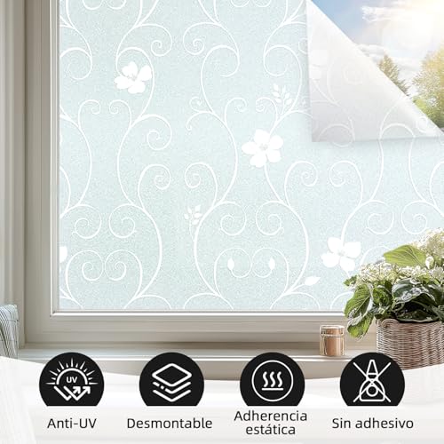 Miniatura 6 de Difit Vinilos Para Cristales, Esmerilado Patrón Floral Vinilo Ventana Privacidad, Electrostático, Anti-Uv Reutilizable, Lámina Decorativa, Ideal Hogar Y Oficina Flor Blanca, 44.3x200cm