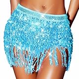 Zoestar Sequin Fringe Skirt Sparkly Tassel Wrap Skirts Belly Dance Hip Scarf Rave Costume for Women, 4 Blue, One Size