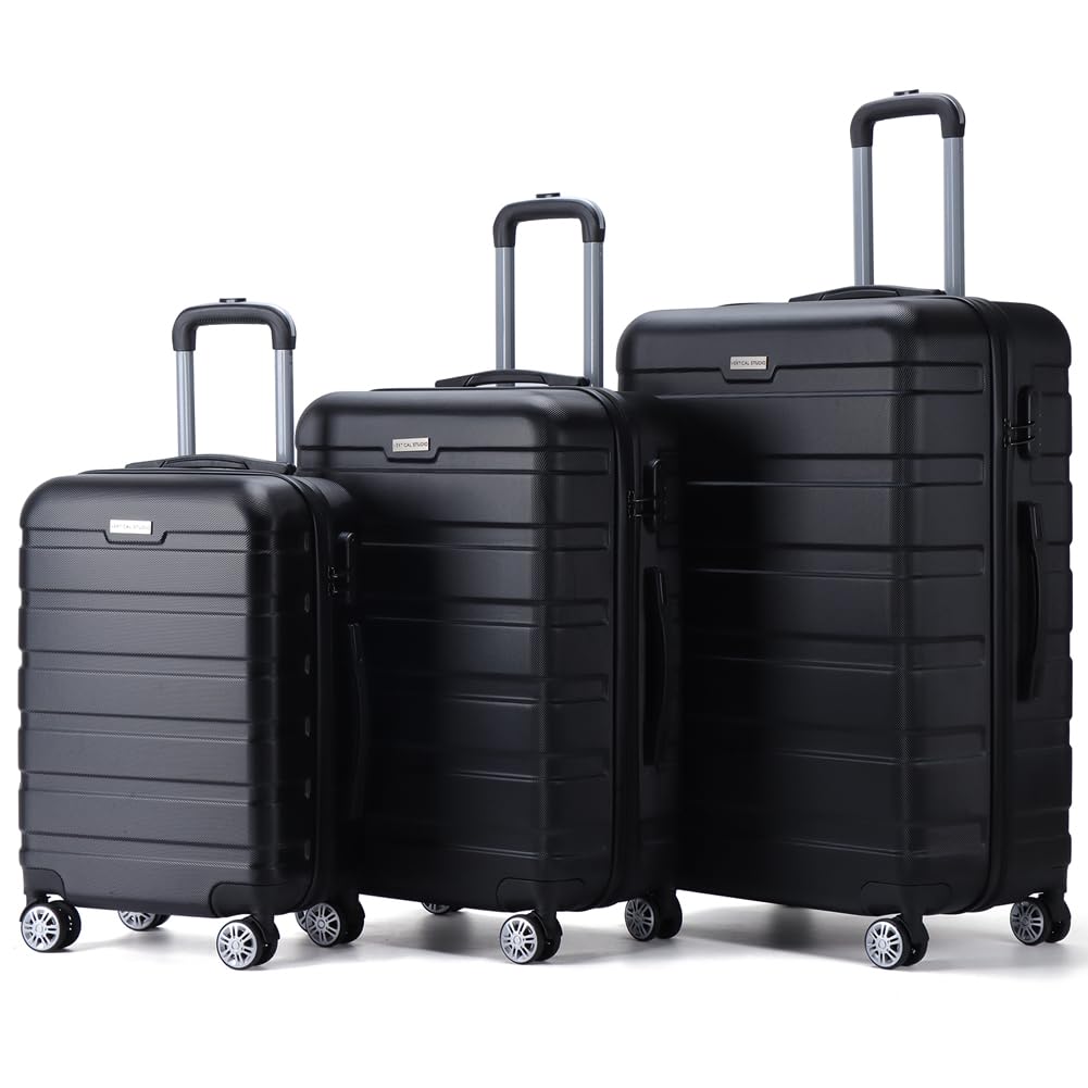 Walizka podróżna 20", 24", 28", zestaw 3 walizek na kółkach, wieloczęściowy zestaw walizek z cyframi, zamek do walizki z tworzywa sztucznego (ABS) cztery kółka, Czarny Trelleborg, 77