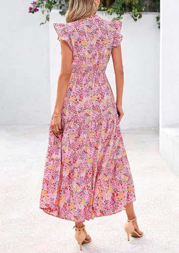 Image of PRETTYGARDEN Women's 2026 Summer Floral Midi Dress Cap Sleeve V Neck Ruffle Long Flowy Boho Casual Beach Vacation Dresses