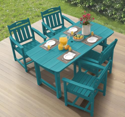 Image of Ciokea HDPE Outdoor Dining Set of 4, Patio Table and Chairs Sets, Lake Blue