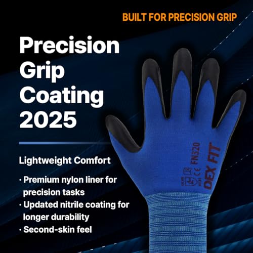 DEX FIT Premium Nylon Work Gloves FN320 - Firm Nitrile Grip, 3D-Comfort Stretchy Fit, Thin & Lightweight, Protective & Durable, Breathable, Machine Washable; Navy 10 (XL) 1 Pair - Thumbnail 2