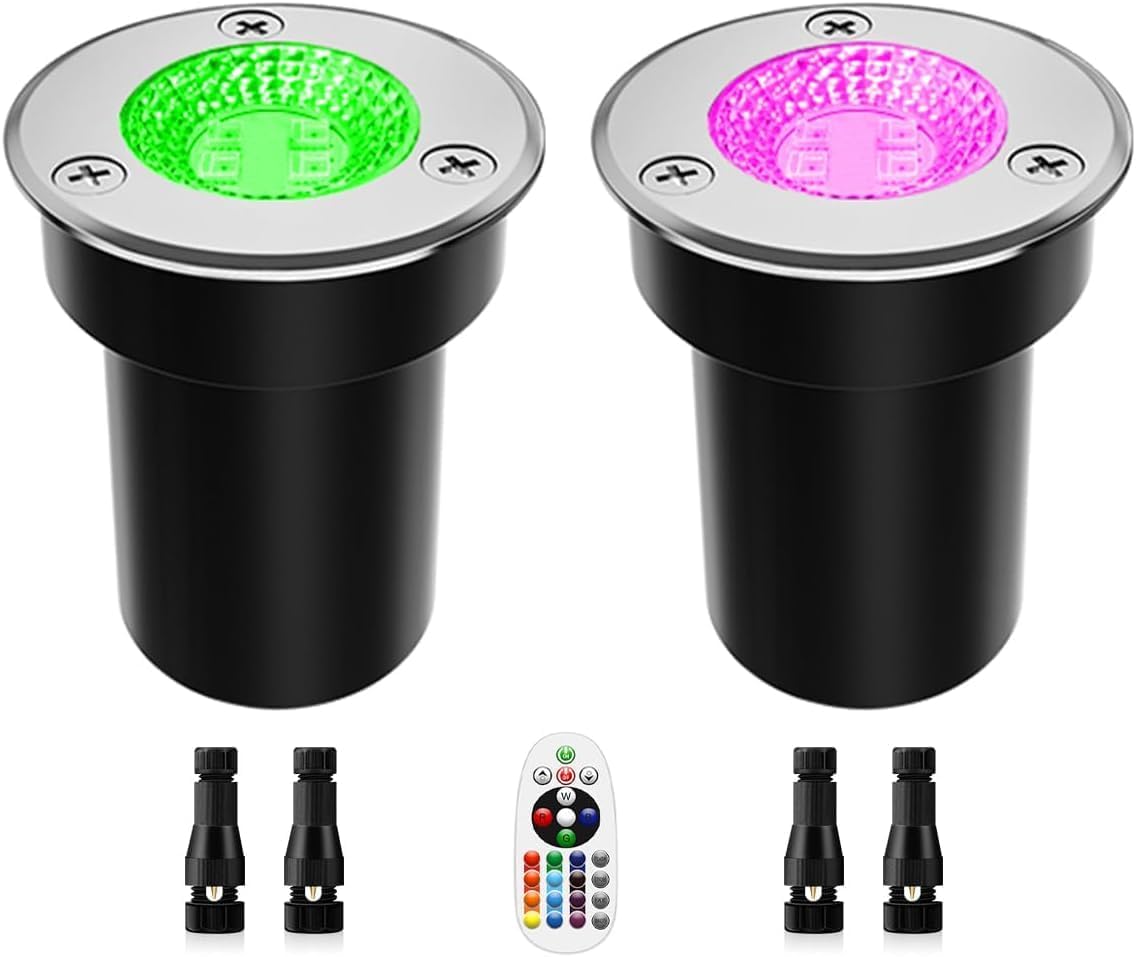 ZUCKEO RGB Low Voltage Landscape Lights LED Color Changing Well Lights, Outdoor In Ground Light 12-24V Landscape Lighting for Garden Yard Pathway, 2Pack