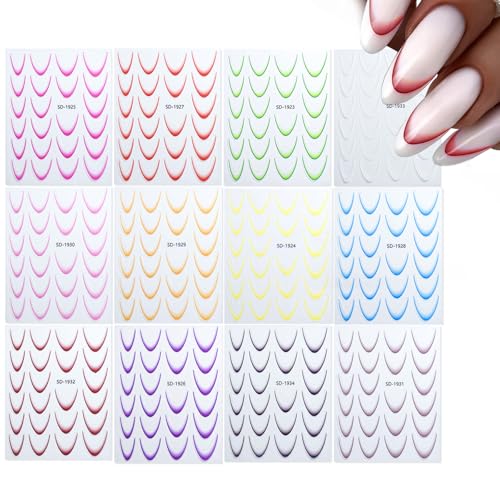 Mrltau Lot de 12 feuilles d'autocollants pour ongles French Tip - Pochoir à ongles - Autocollants pour ongles - Pochoir à ongles - Accessoires pour ongles
