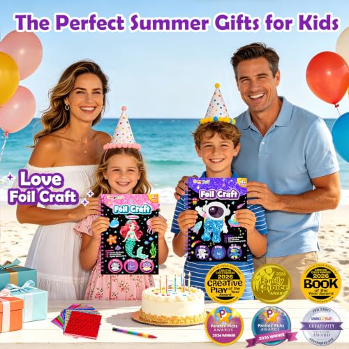 Image of FUNNYB&G Foil Art Craft Kit for Boys 4-10 Years Old: Mess-Free & No-Glue, Create 16 Sparkly Space Pictures - Perfect Travel Toy & Birthday Gift for Kids (Space)
