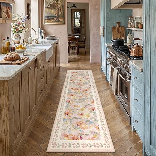 2x8 Washable Runner Rug Beige Pink Floral Abstract Hallway Kitchen Throw Rug Modern Non Slip Soft Low Pile Carpet for Bathroom Laundry Bedroom Living